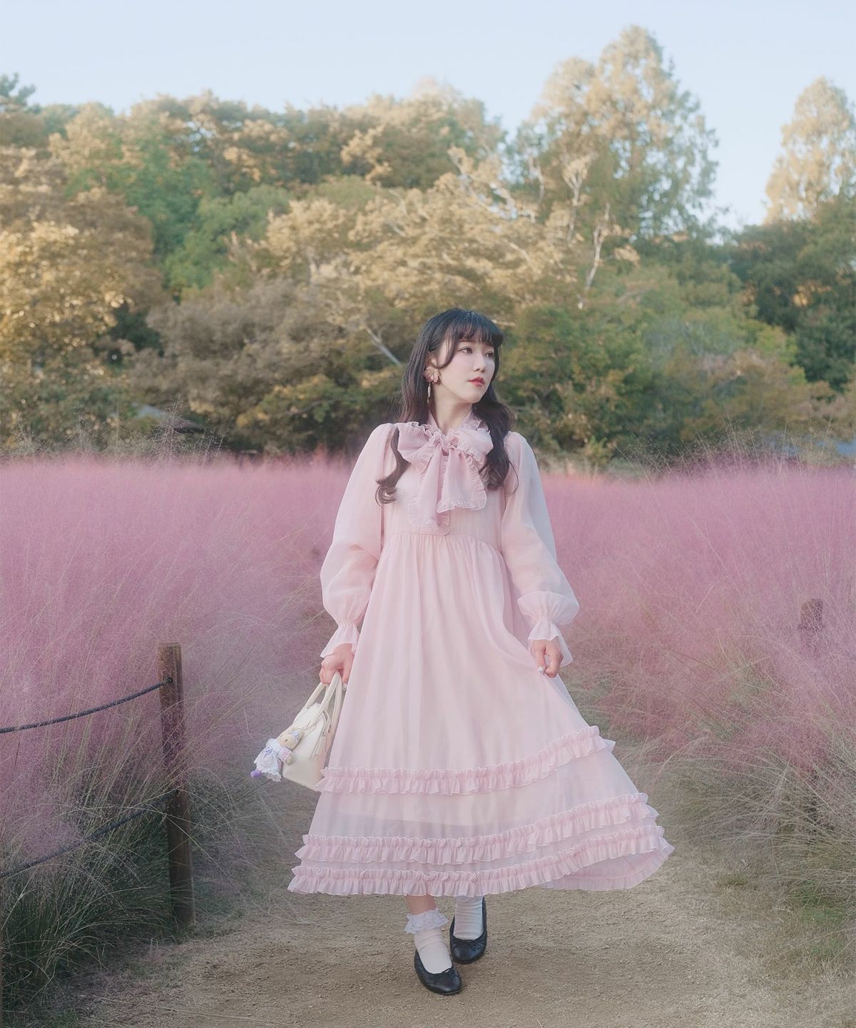 > 取り外し ボウタイ ロング ワンピース miolite ピンク ブルーグレー