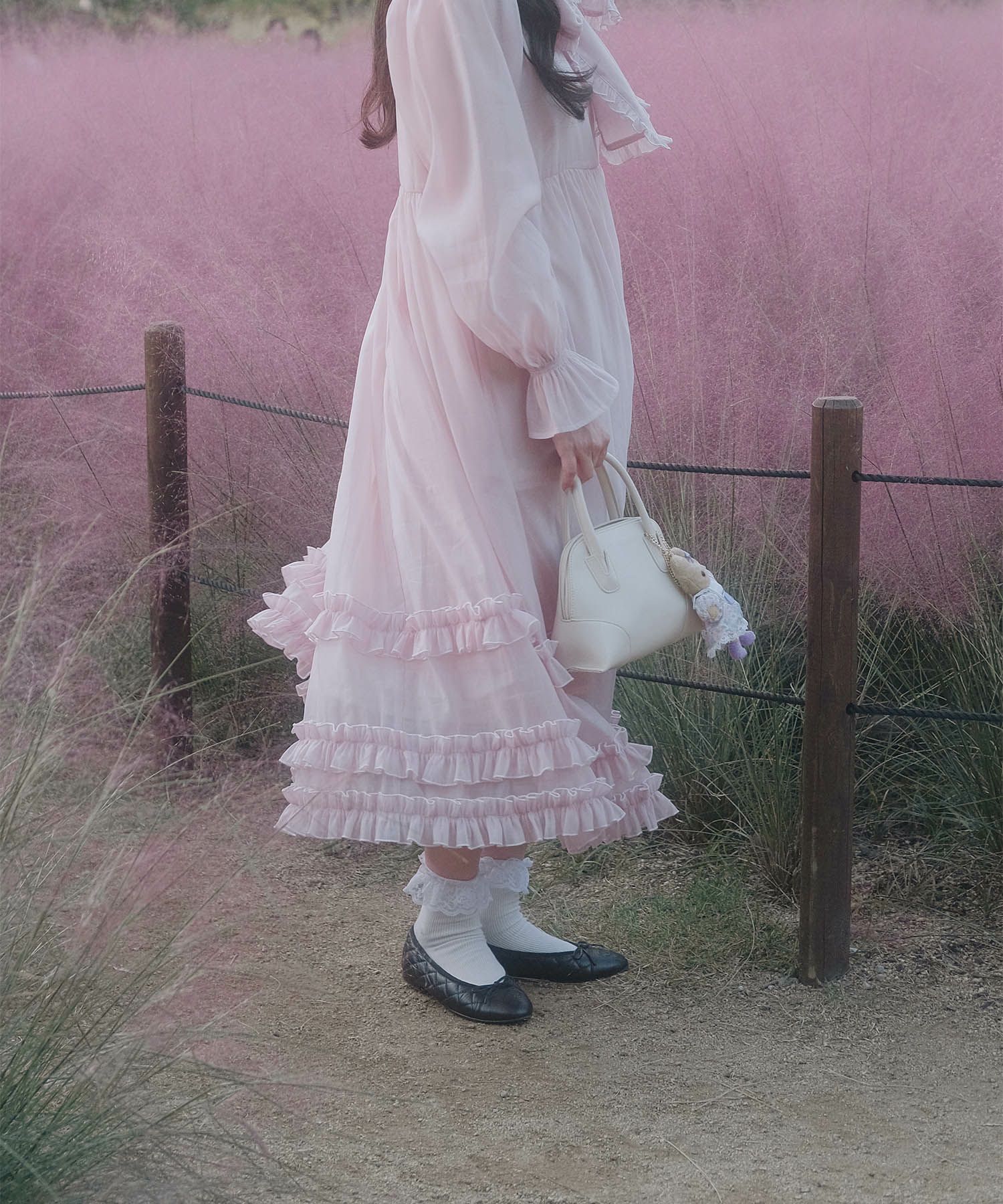 > 取り外し ボウタイ ロング ワンピース miolite ピンク ブルーグレー