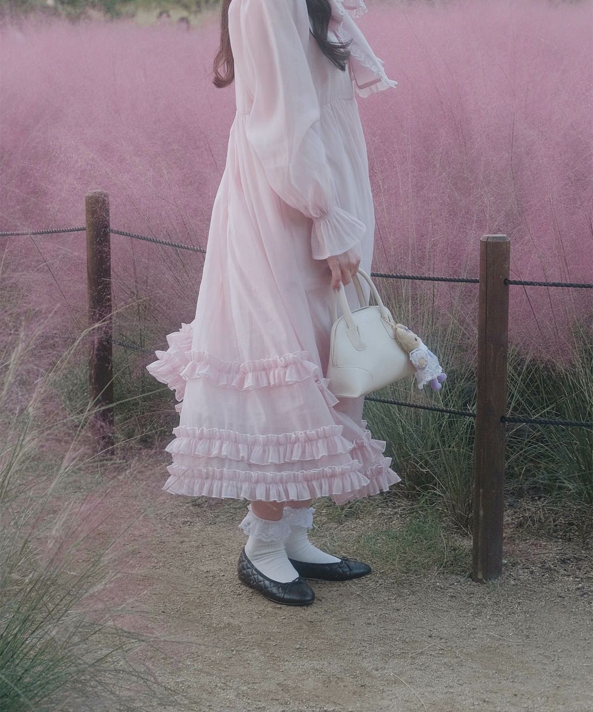 > 取り外し ボウタイ ロング ワンピース miolite ピンク ブルーグレー