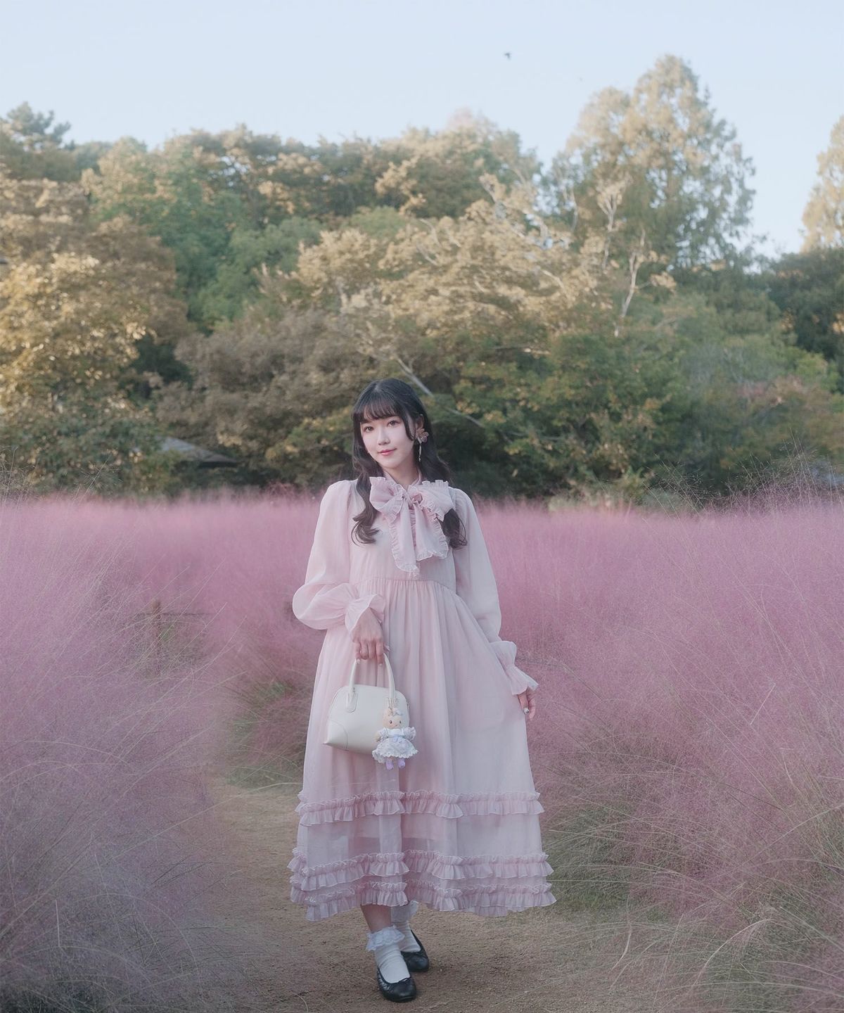 > 取り外し ボウタイ ロング ワンピースmiolite ピンク ブルーグレー