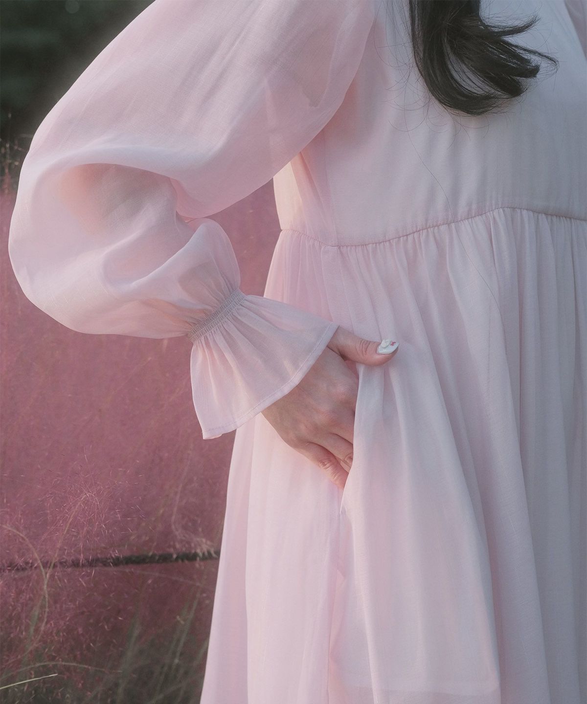 > 取り外し ボウタイ ロング ワンピース miolite ピンク ブルーグレー