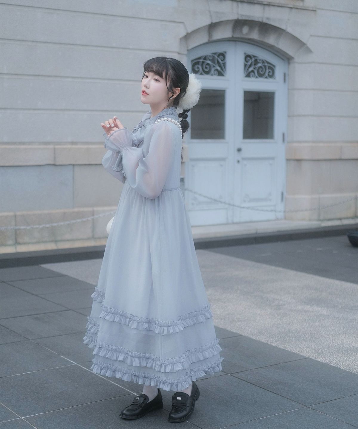 > 取り外し ボウタイ ロング ワンピース miolite ピンク ブルーグレー