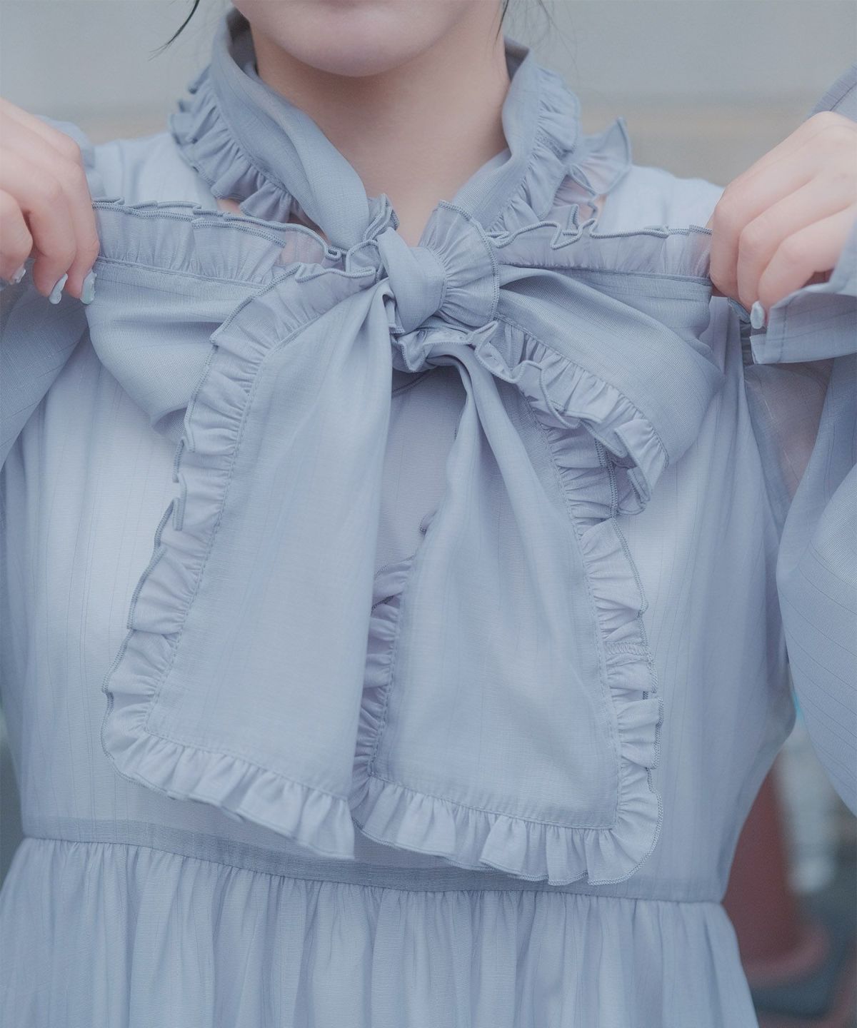 > 取り外し ボウタイ ロング ワンピース miolite ピンク ブルーグレー