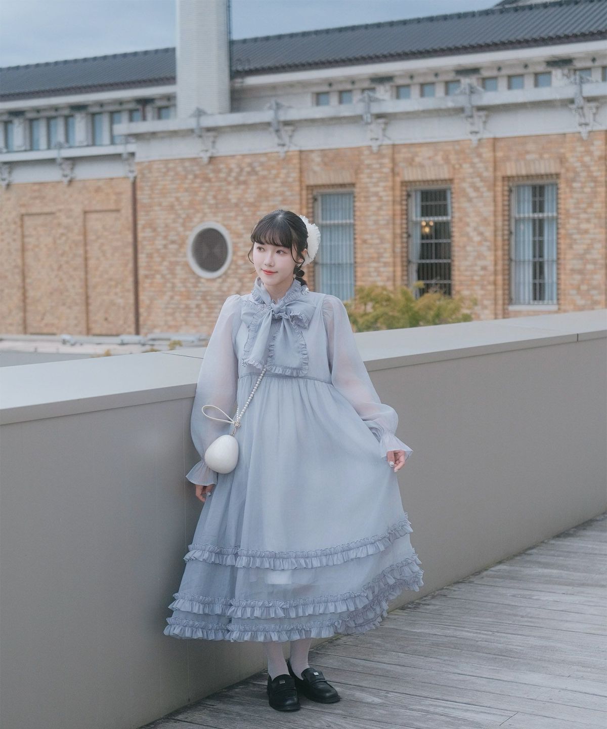 > 取り外し ボウタイ ロング ワンピース miolite ピンク ブルーグレー