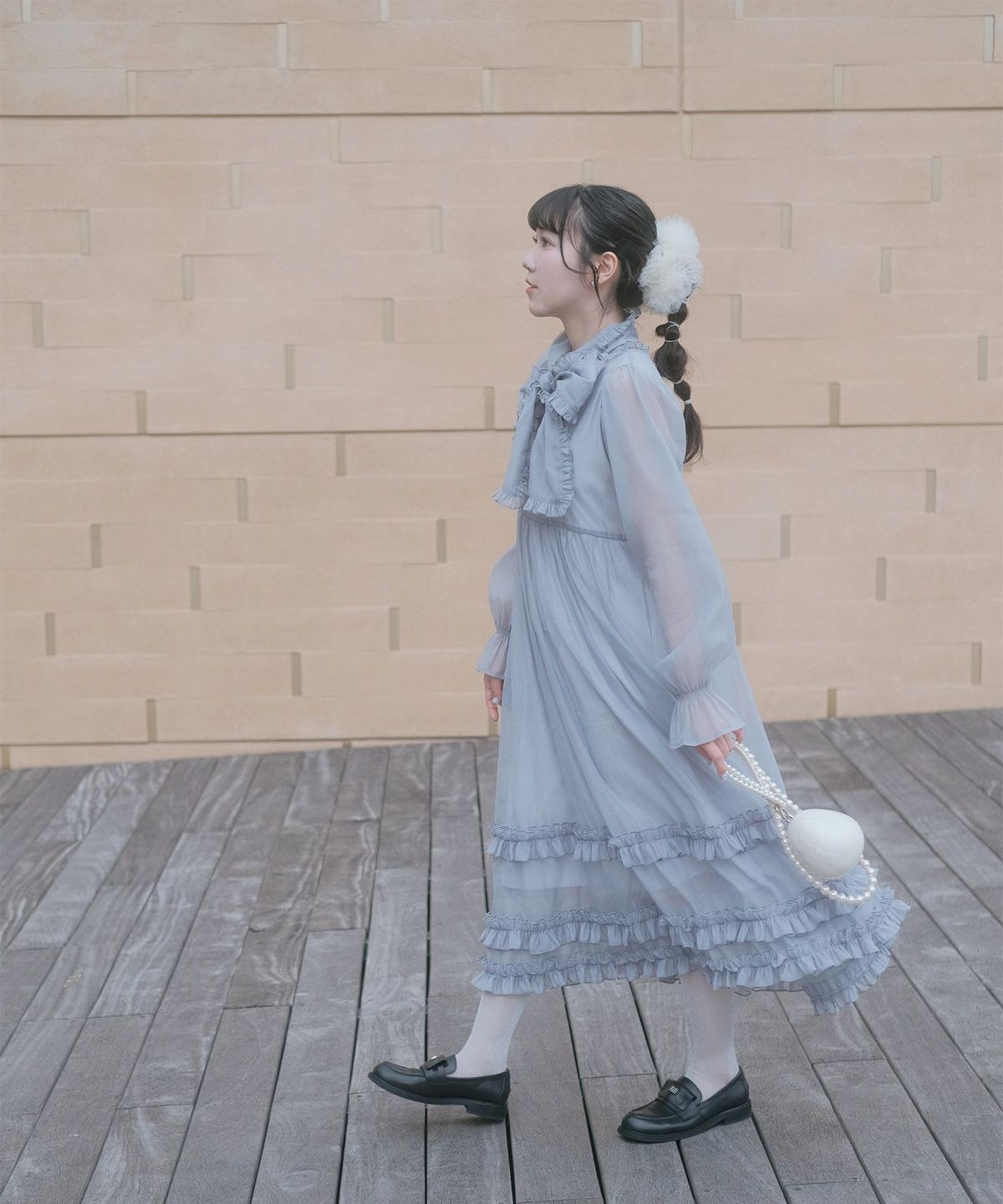 > 取り外し ボウタイ ロング ワンピース miolite ピンク ブルーグレー