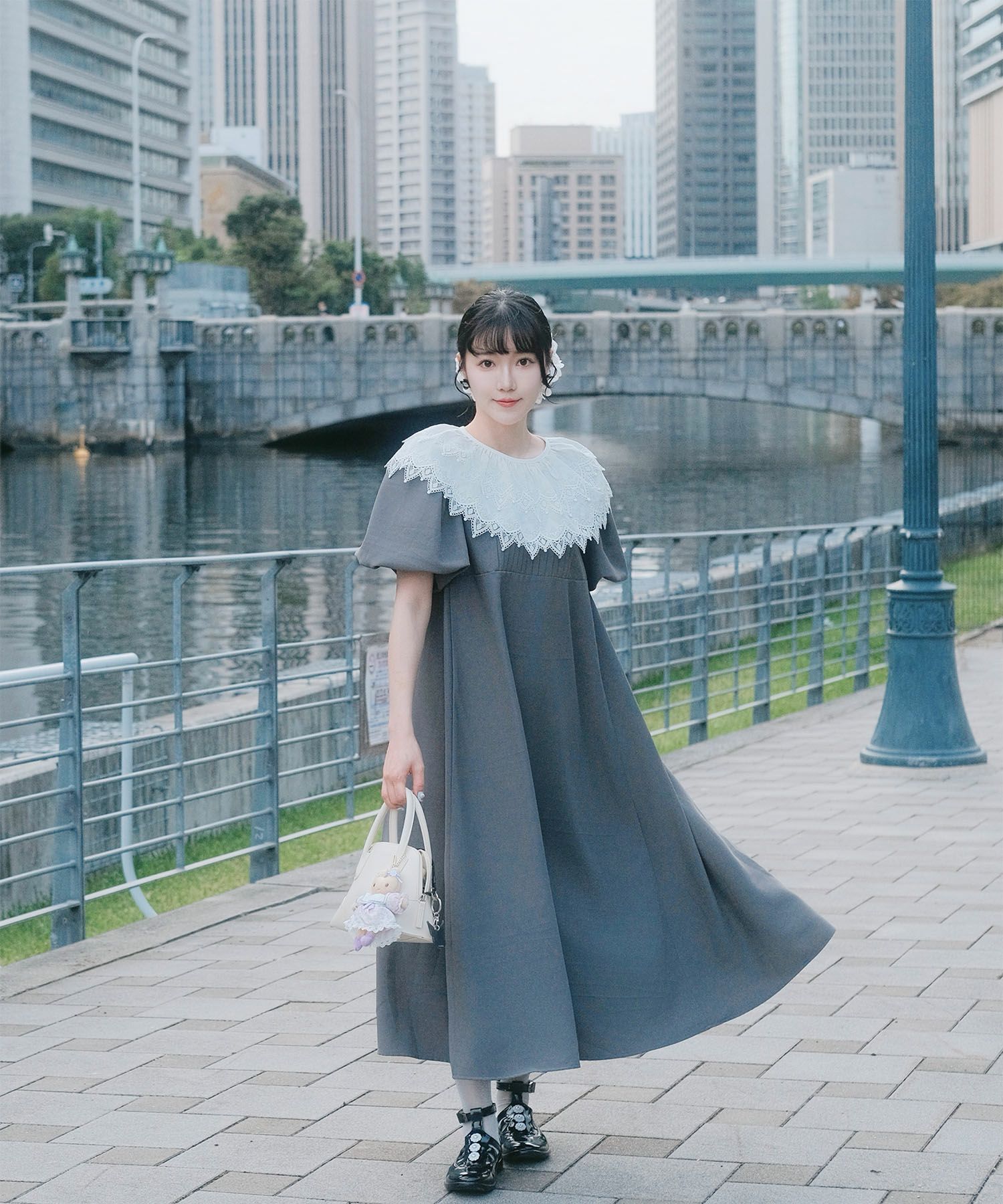 り外し レースカラー Aライン ワンピース miolite グレー ブラック