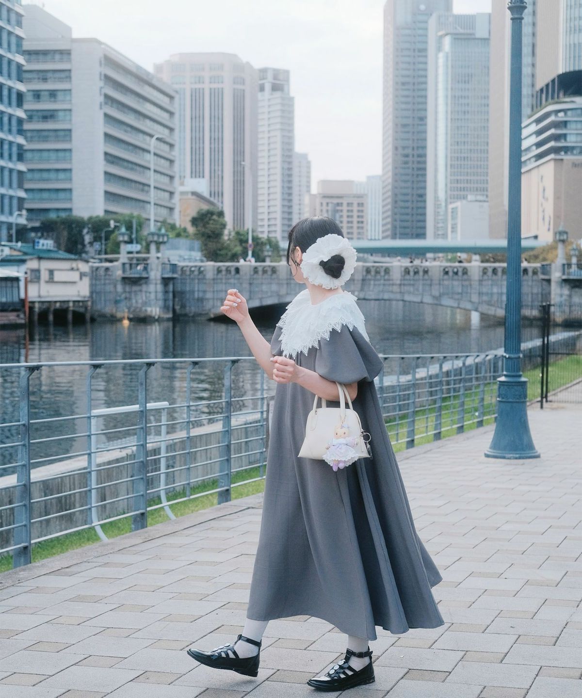 り外し レースカラー Aライン ワンピース miolite グレー ブラック