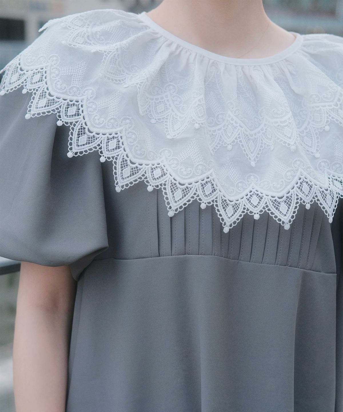 り外し レースカラー Aライン ワンピース miolite グレー ブラック