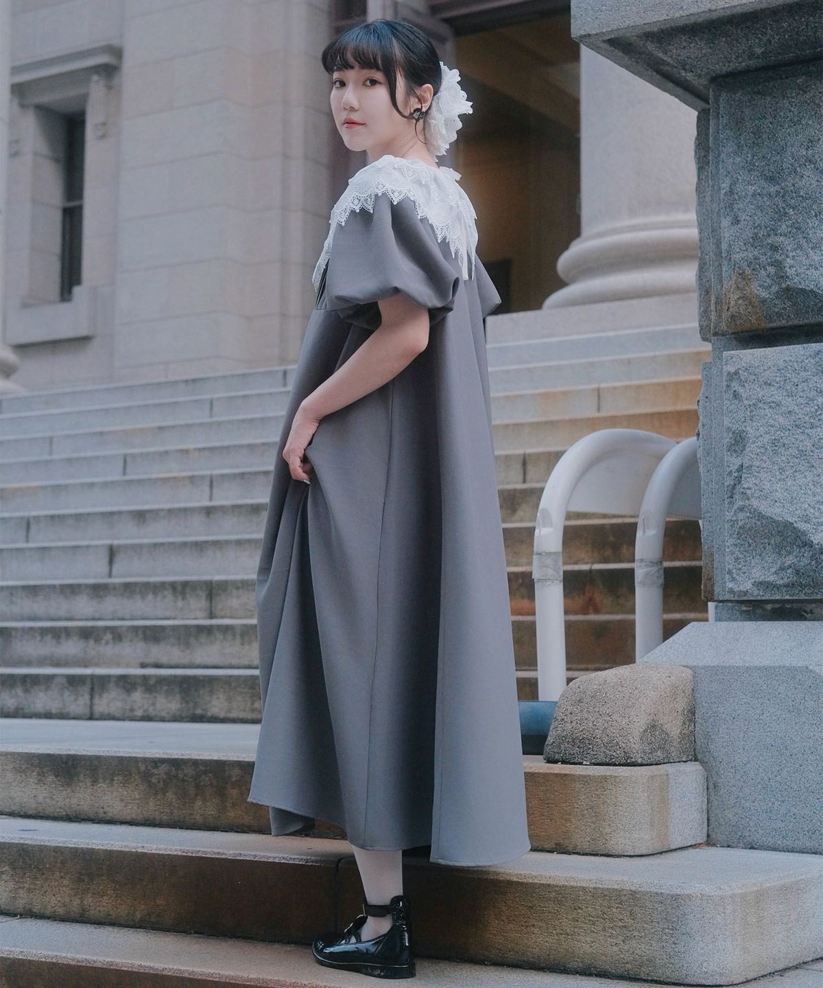 り外し レースカラー Aライン ワンピース miolite グレー ブラック