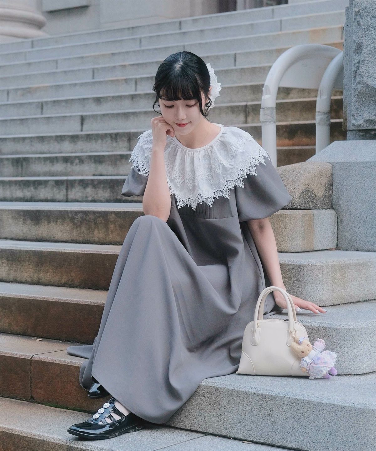 り外し レースカラー Aライン ワンピース miolite グレー ブラック