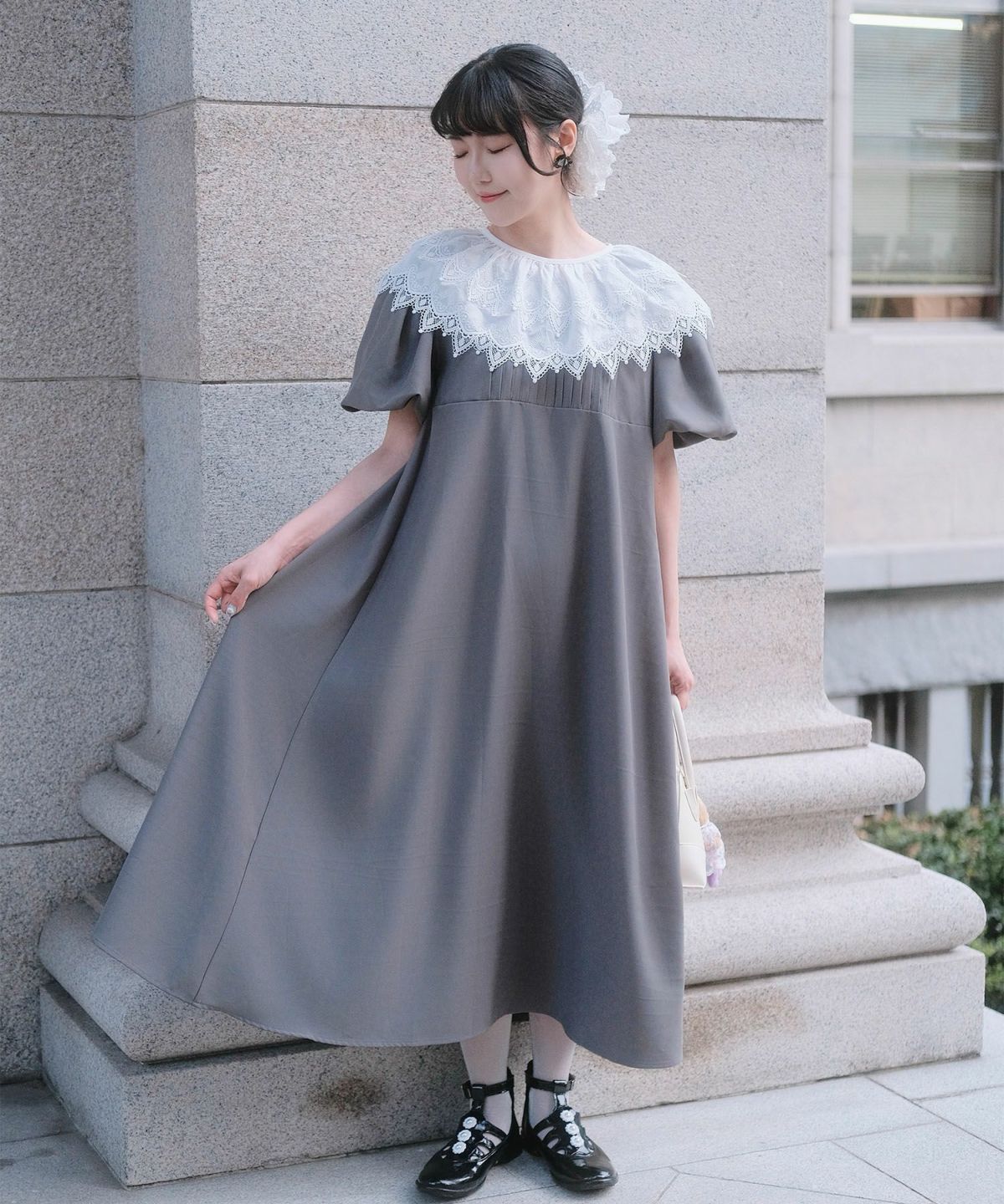 り外し レースカラー Aライン ワンピース miolite グレー ブラック