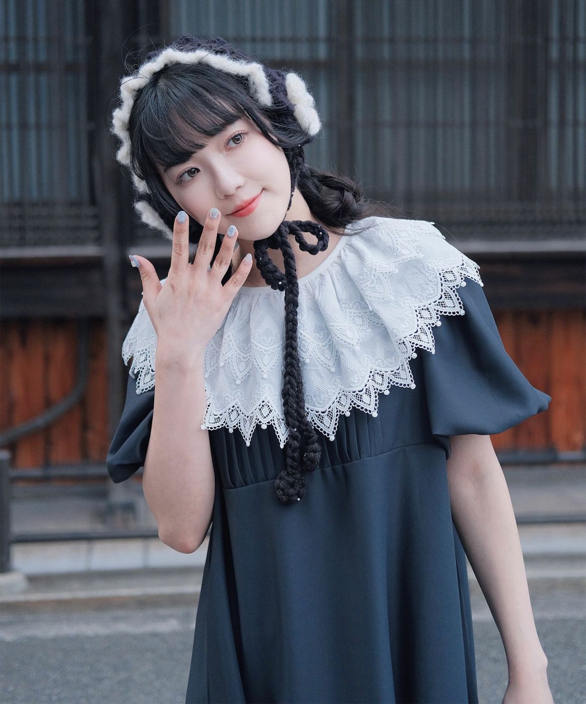 り外し レースカラー Aライン ワンピース miolite グレー ブラック