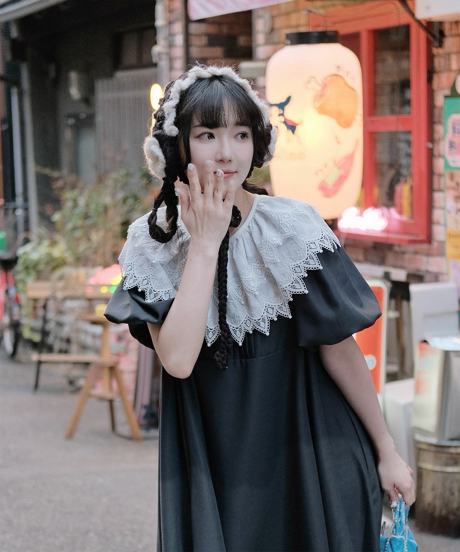 り外し レースカラー Aライン ワンピース miolite グレー ブラック