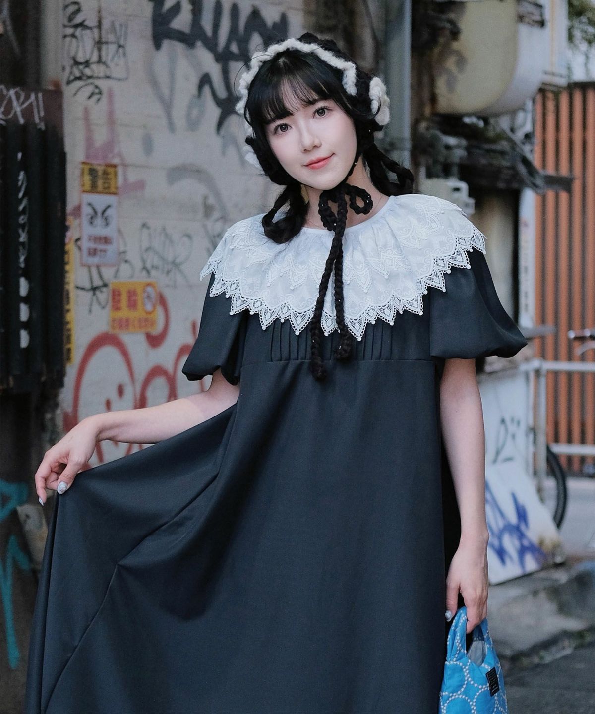 り外し レースカラー Aライン ワンピース miolite グレー ブラック