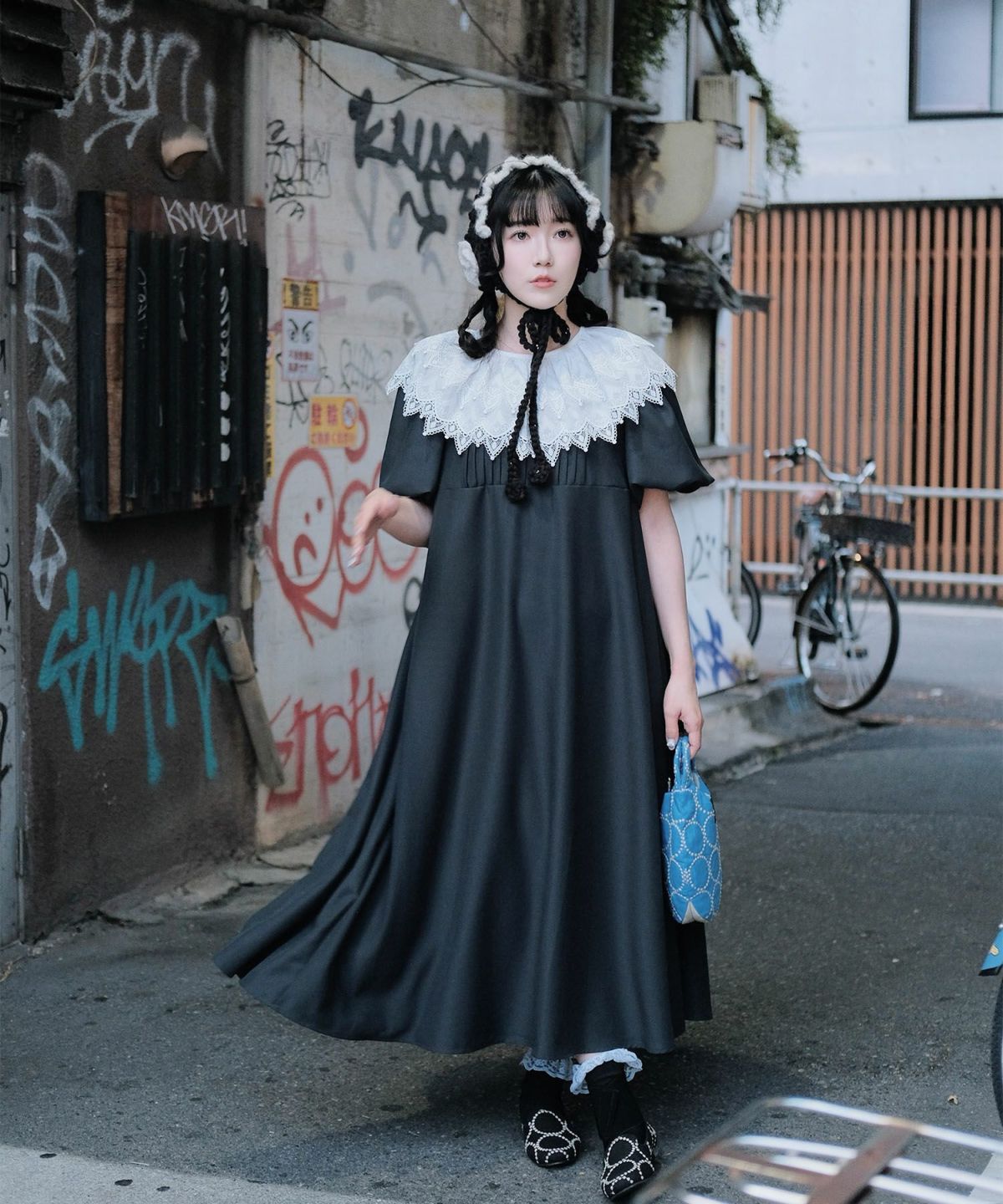 り外し レースカラー Aライン ワンピース miolite グレー ブラック