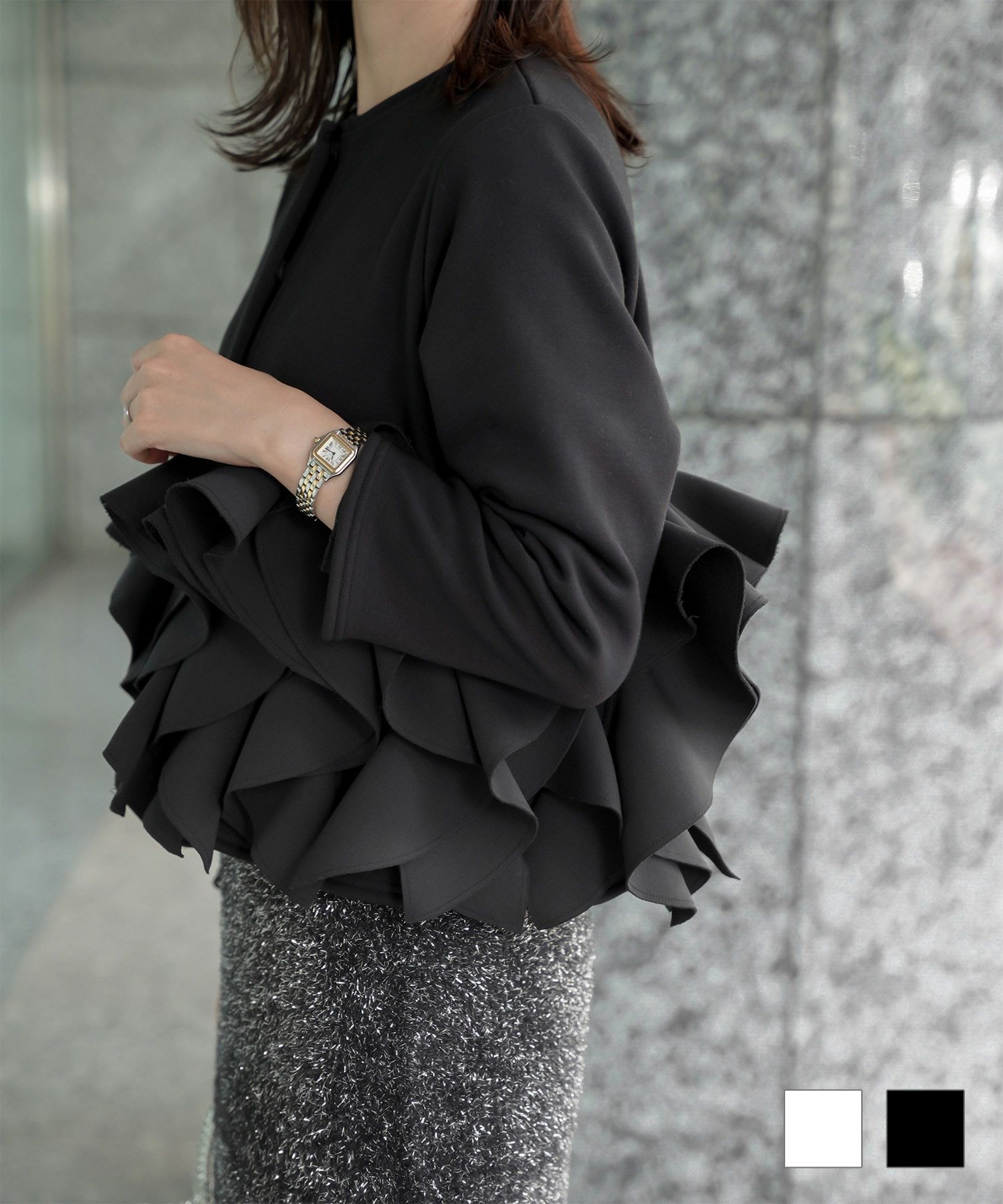 ボンバーヒート フリルヘム ジャケット HUIT ジャケット アウター ノーカラー トップス 裏起毛 秋 冬 ホワイト/ブラック/M