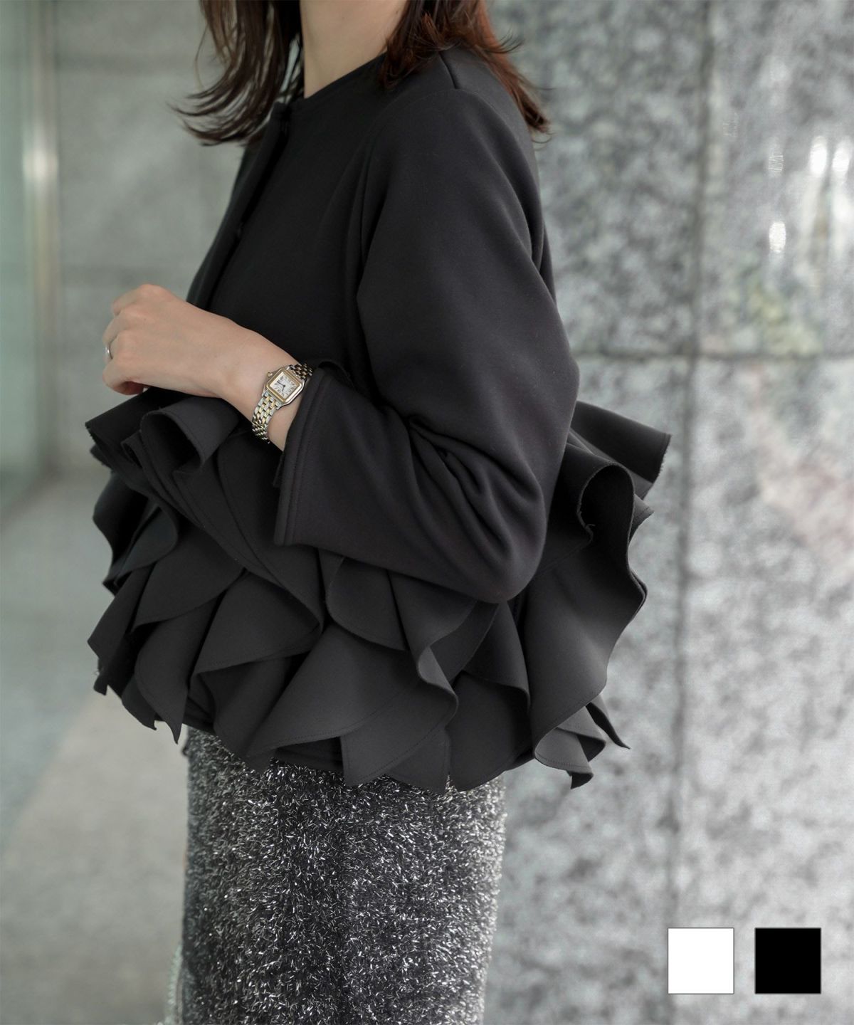 ボンバーヒート フリルヘム ジャケット HUIT ジャケット アウター ノーカラー トップス 裏起毛 秋 冬 ホワイト/ブラック/M