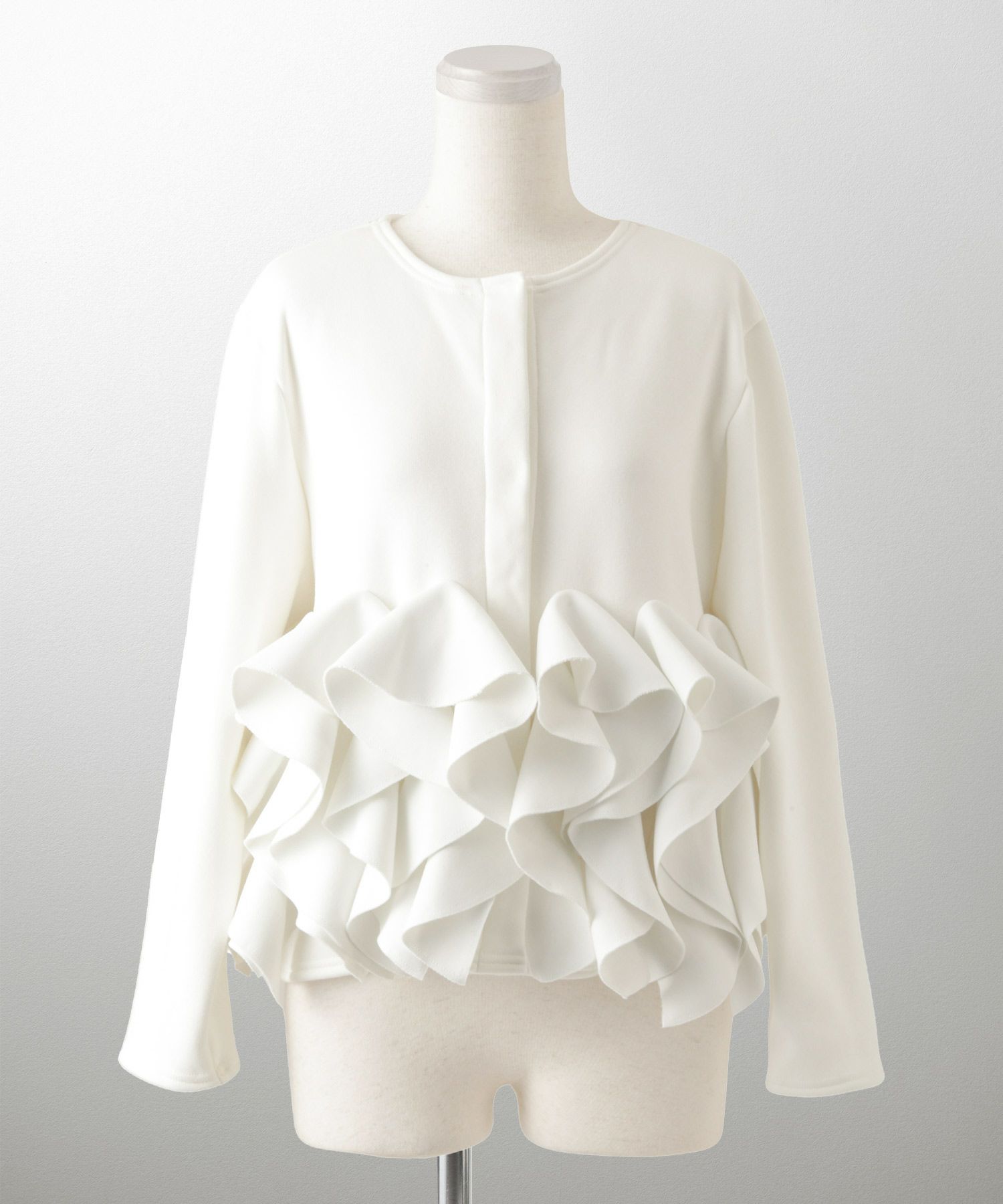 ボンバーヒート フリルヘム ジャケット HUIT ジャケット アウター ノーカラー トップス 裏起毛 秋 冬 ホワイト/ブラック/M