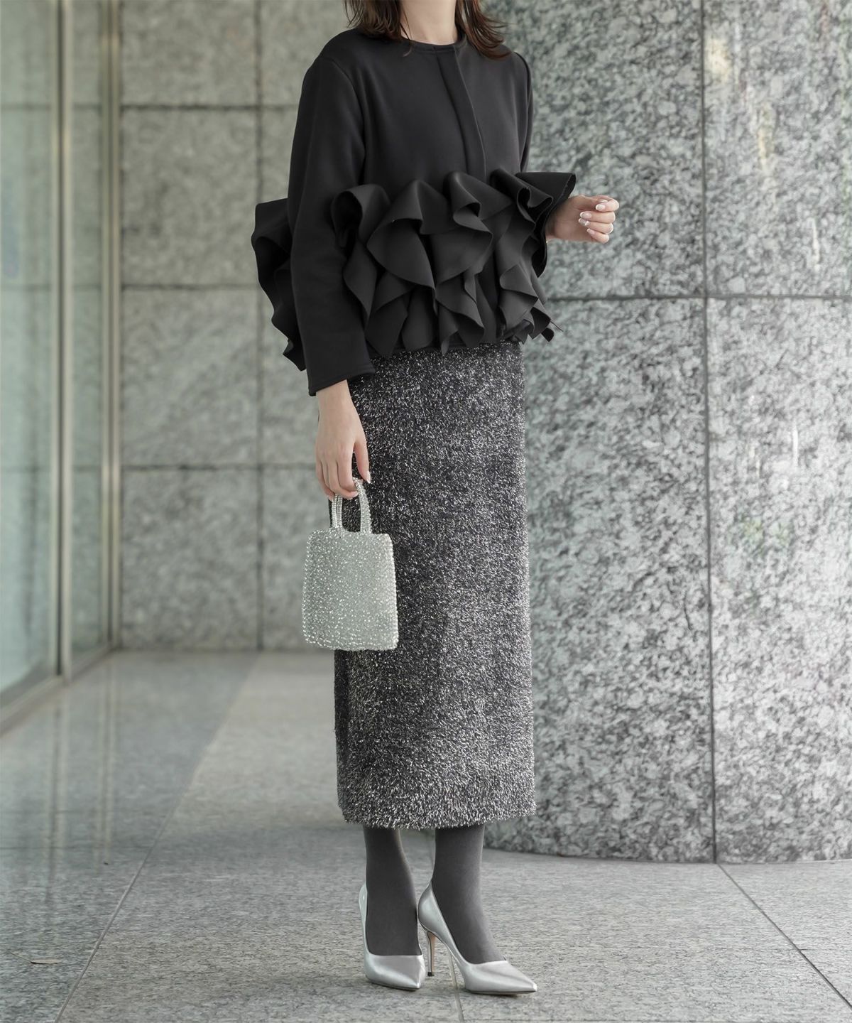 ボンバーヒート フリルヘム ジャケット HUIT ジャケット アウター ノーカラー トップス 裏起毛 秋 冬 ホワイト/ブラック/M