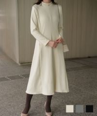 ボンバーヒート Aライン ワンピース HUIT レディース ハイネック スタンドネック 裏起毛 秋 冬 アイボリー/チャコール/ブラック/M