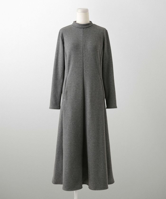 ボンバーヒート Aライン ワンピース HUIT レディース ハイネック スタンドネック 裏起毛 秋 冬 アイボリー/チャコール/ブラック/M