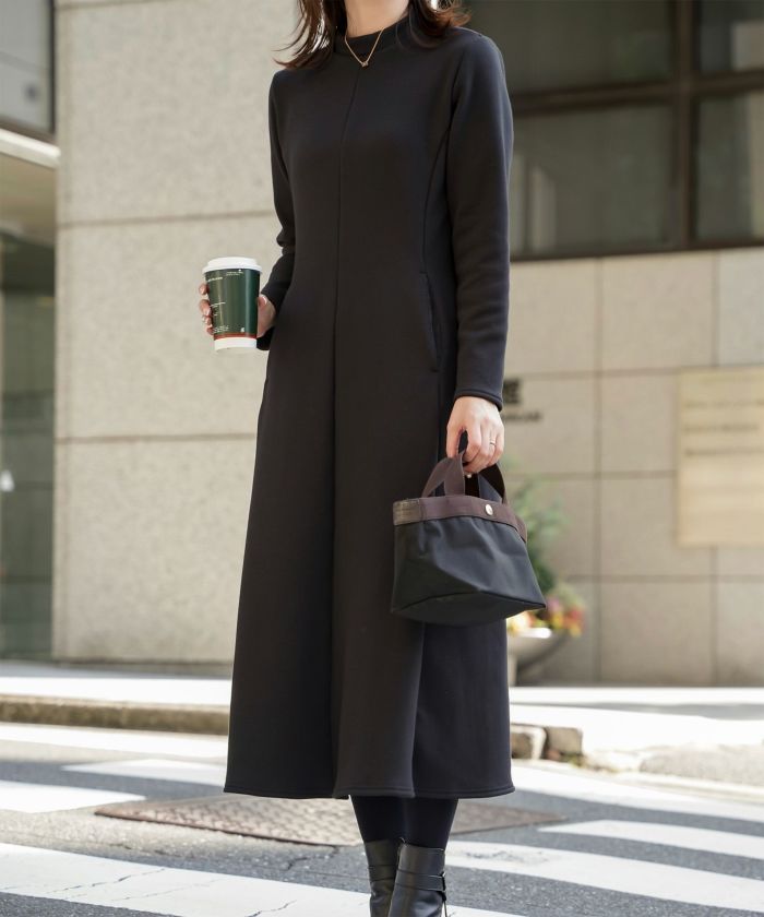 ボンバーヒート Aライン ワンピース HUIT レディース ハイネック スタンドネック 裏起毛 秋 冬 アイボリー/チャコール/ブラック/M