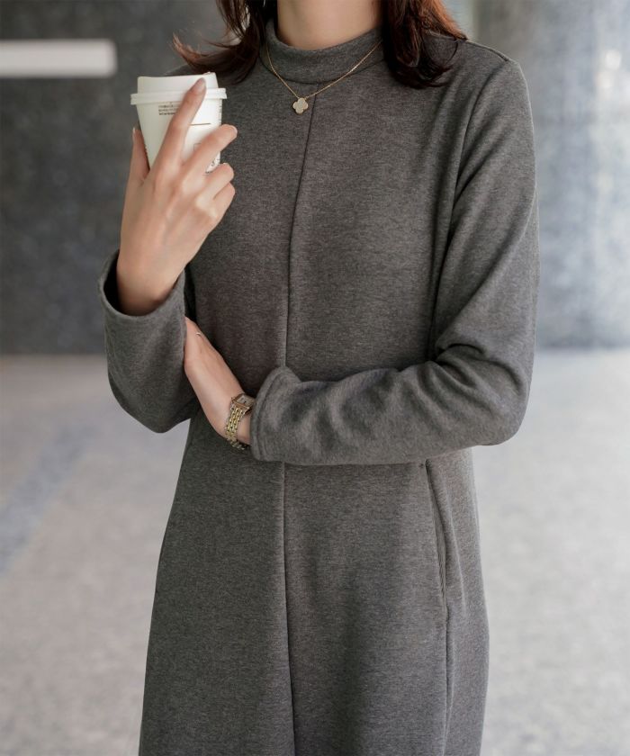 ボンバーヒート Aライン ワンピース HUIT レディース ハイネック スタンドネック 裏起毛 秋 冬 アイボリー/チャコール/ブラック/M