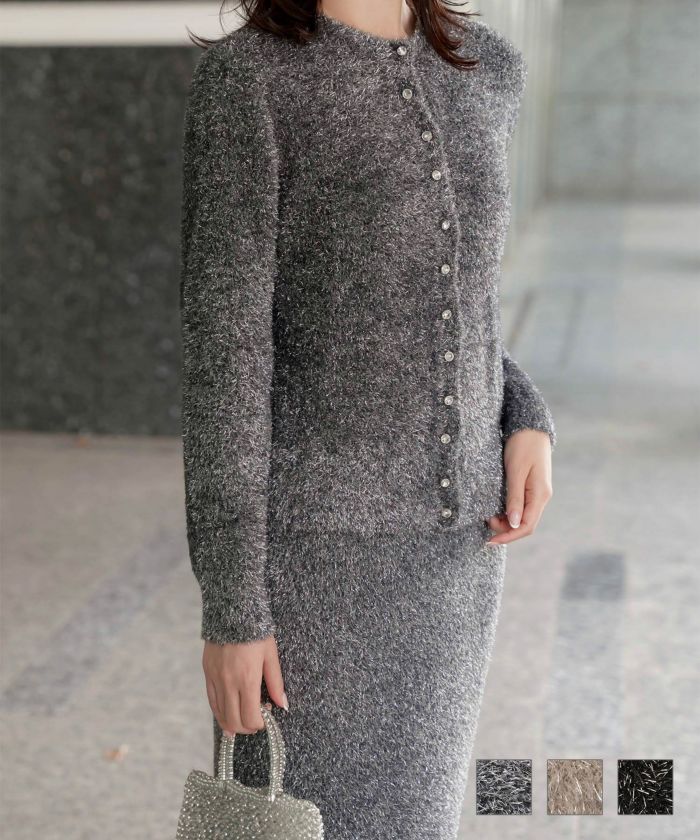 ラメシャギー ニット カーディガン トップス レディース 秋 冬 長袖 洗濯 おしゃれ オフィス 可愛い きれいめ 大人 セットアップ シルバー グレージュ ブラック M