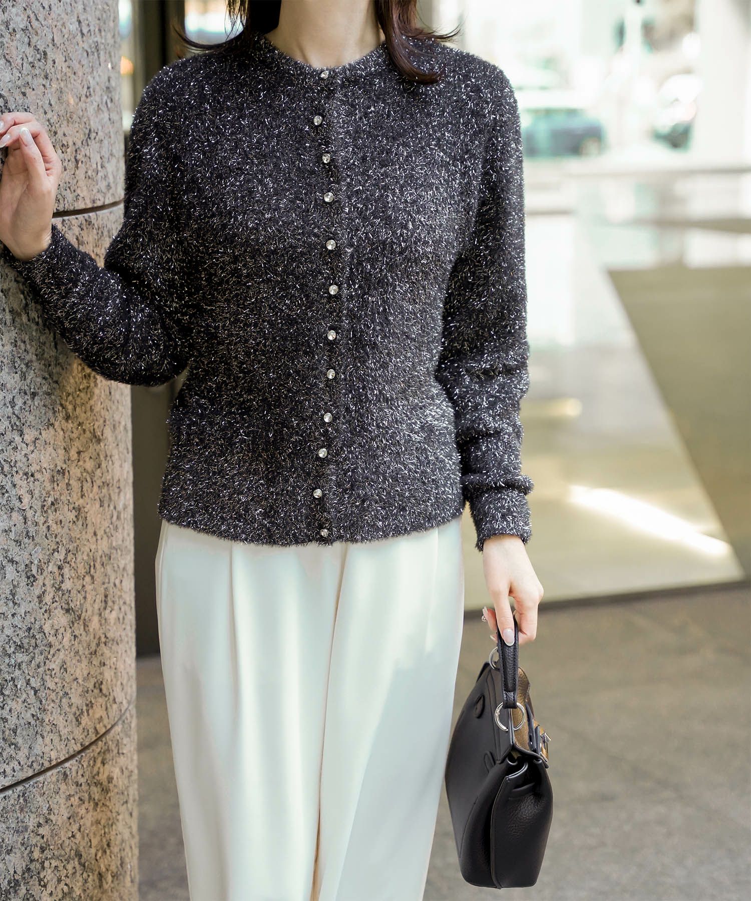 ラメシャギー ニット カーディガン トップス レディース 秋 冬 長袖 洗濯 おしゃれ オフィス 可愛い きれいめ 大人 セットアップ シルバー グレージュ ブラック M