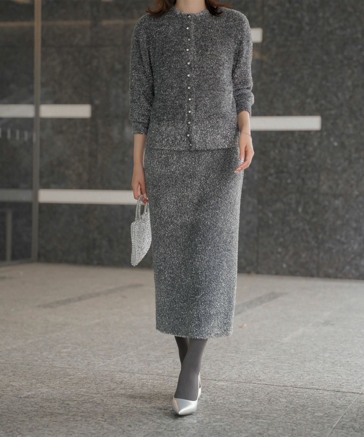 ラメシャギー ニット カーディガン トップス レディース 秋 冬 長袖 洗濯 おしゃれ オフィス 可愛い きれいめ 大人 セットアップ シルバー グレージュ ブラック M