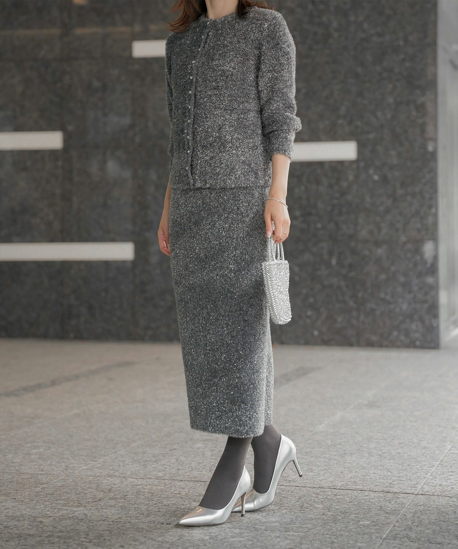 ラメシャギー ニット カーディガン トップス レディース 秋 冬 長袖 洗濯 おしゃれ オフィス 可愛い きれいめ 大人 セットアップ シルバー グレージュ ブラック M