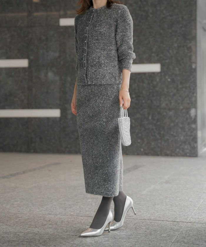 ラメシャギー ニット カーディガン トップス レディース 秋 冬 長袖 洗濯 おしゃれ オフィス 可愛い きれいめ 大人 セットアップ シルバー グレージュ ブラック M