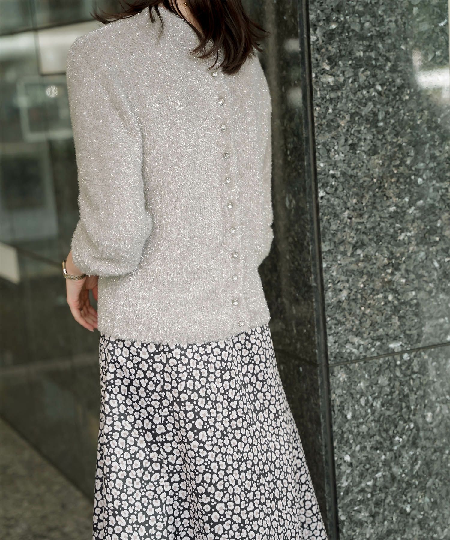 ラメシャギー ニット カーディガン トップス レディース 秋 冬 長袖 洗濯 おしゃれ オフィス 可愛い きれいめ 大人 セットアップ シルバー グレージュ ブラック M