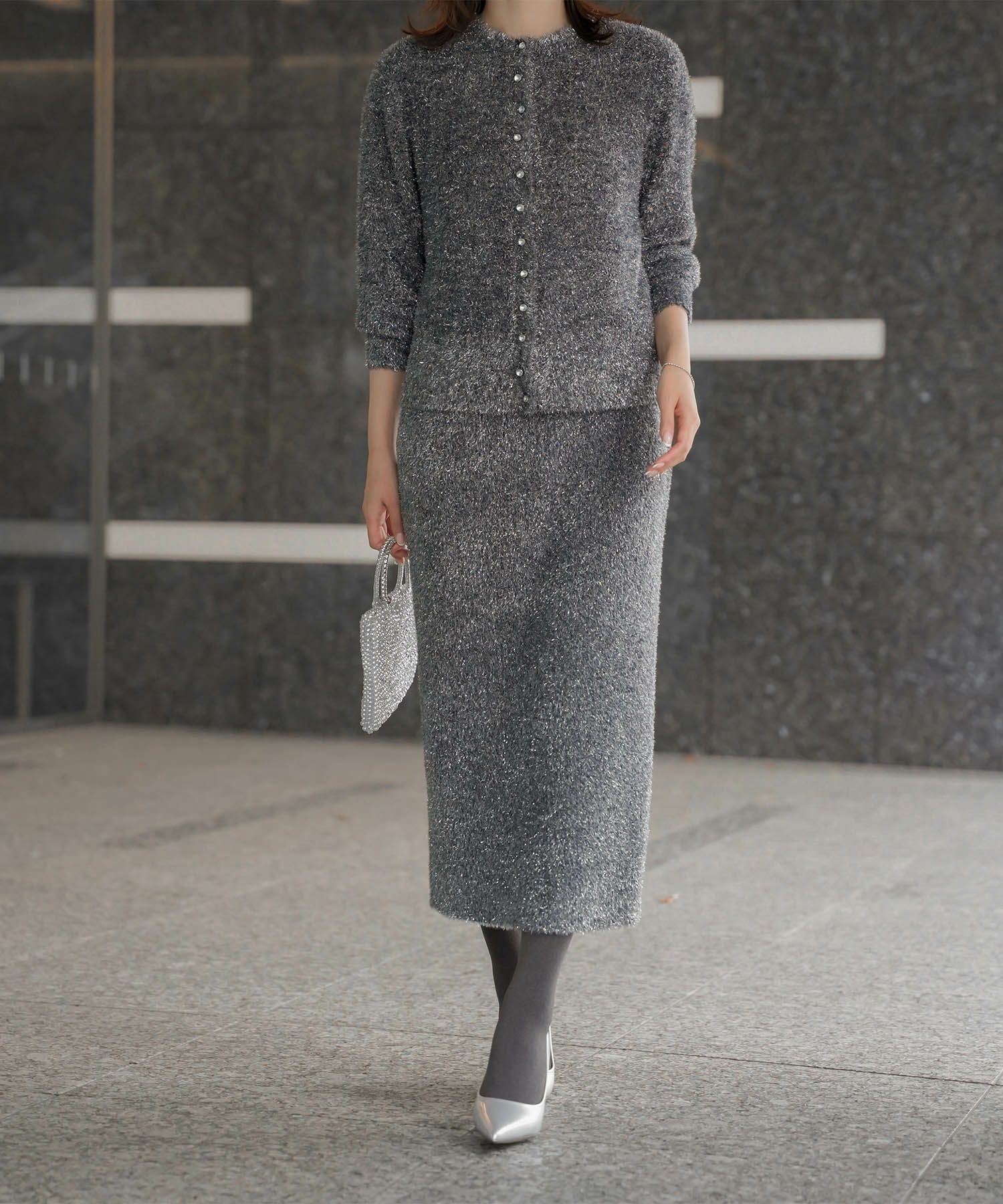 ラメシャギー ニット スカート 秋 冬 ロング ウエストゴム レディース ファッション 着回し 長め 無地 セットアップ シルバー グレージュ ブラック S M