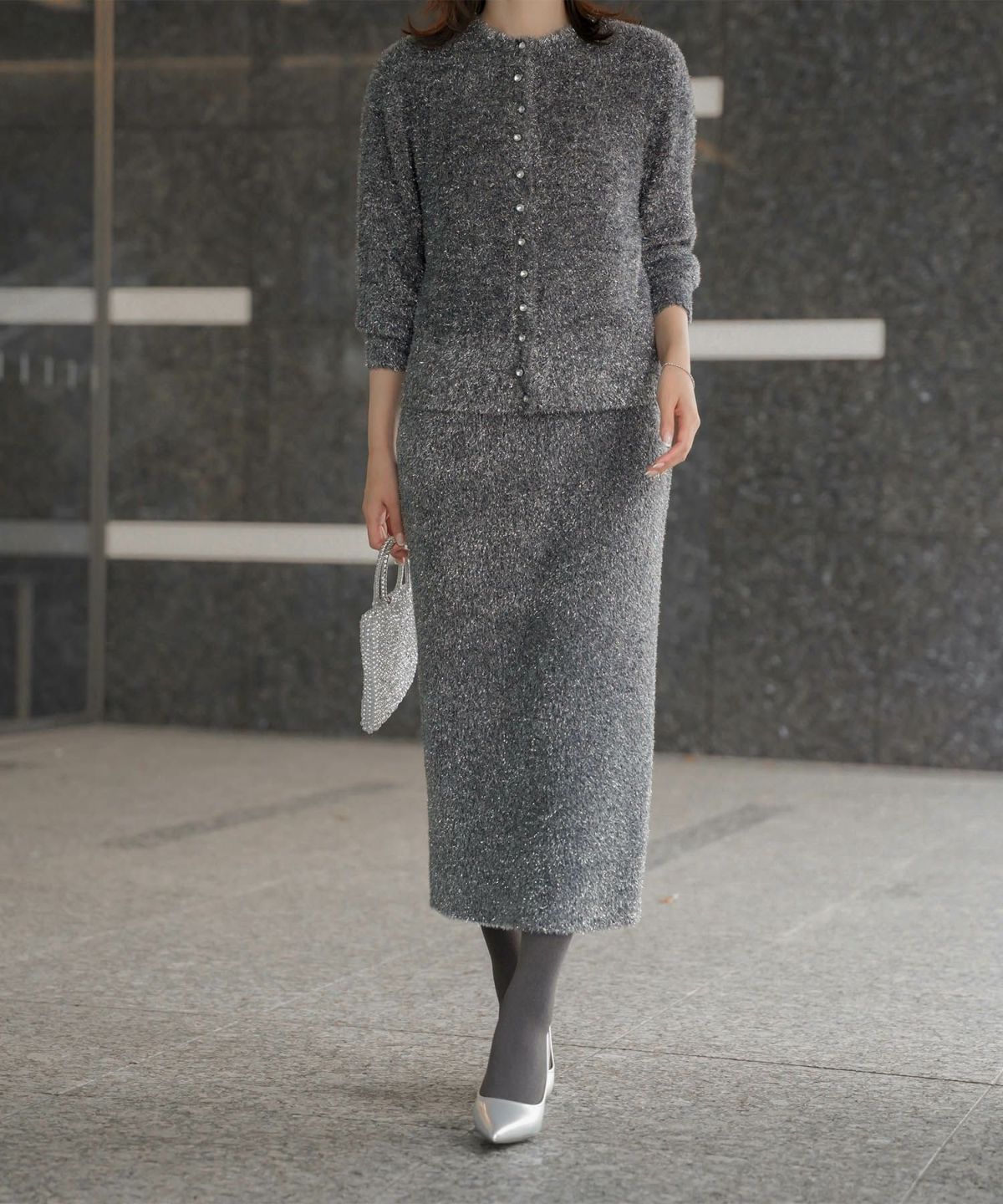 ラメシャギー ニット スカート 秋 冬 ロング ウエストゴム レディース ファッション 着回し 長め 無地 セットアップ シルバー グレージュ ブラック S M