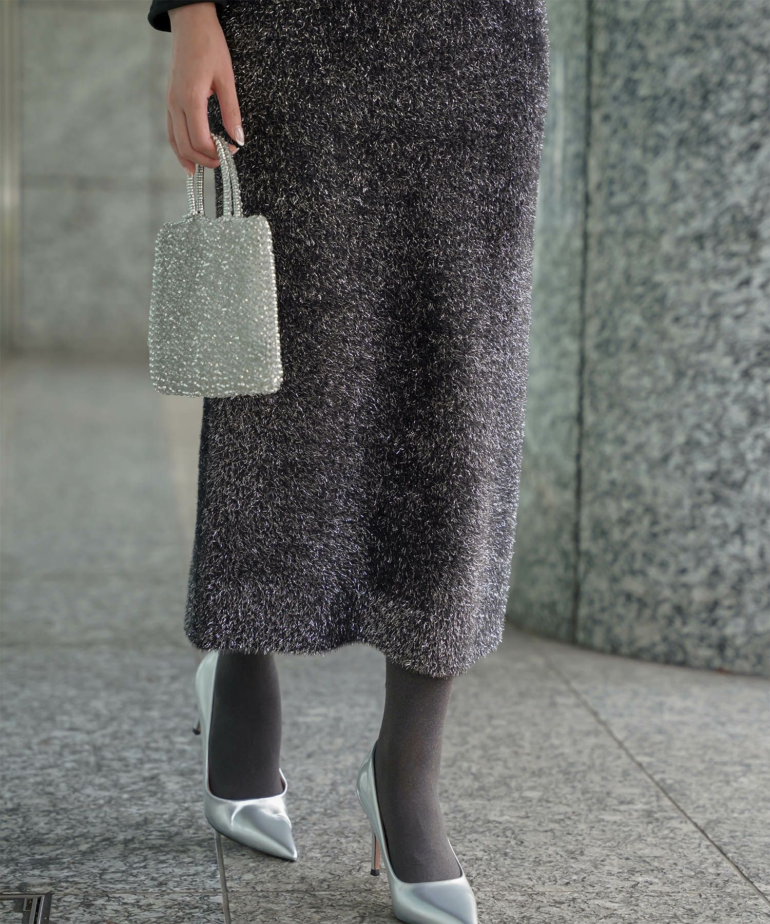 ラメシャギー ニット スカート 秋 冬 ロング ウエストゴム レディース ファッション 着回し 長め 無地 セットアップ シルバー グレージュ ブラック S M