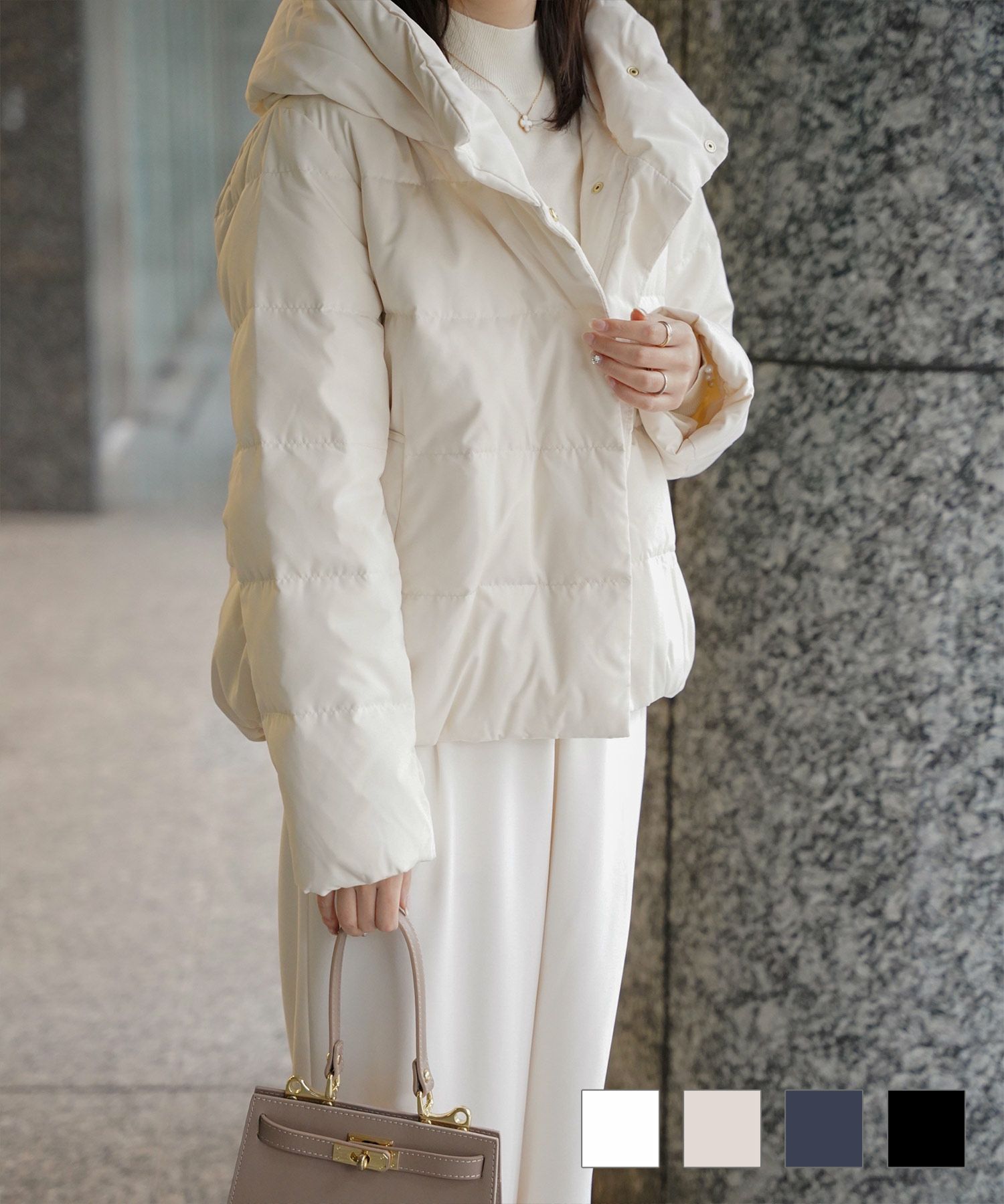 ショート丈 フード付き ダウン コート レディース アウター おしゃれ おすすめ きれいめ ビジネス 可愛い ホワイト グレージュ ネイビー ブラック M