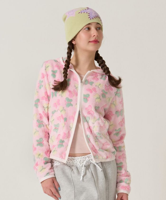 Tina jojun ピンク 花柄 刺繍 ニット ジップアップジャケット フラワー