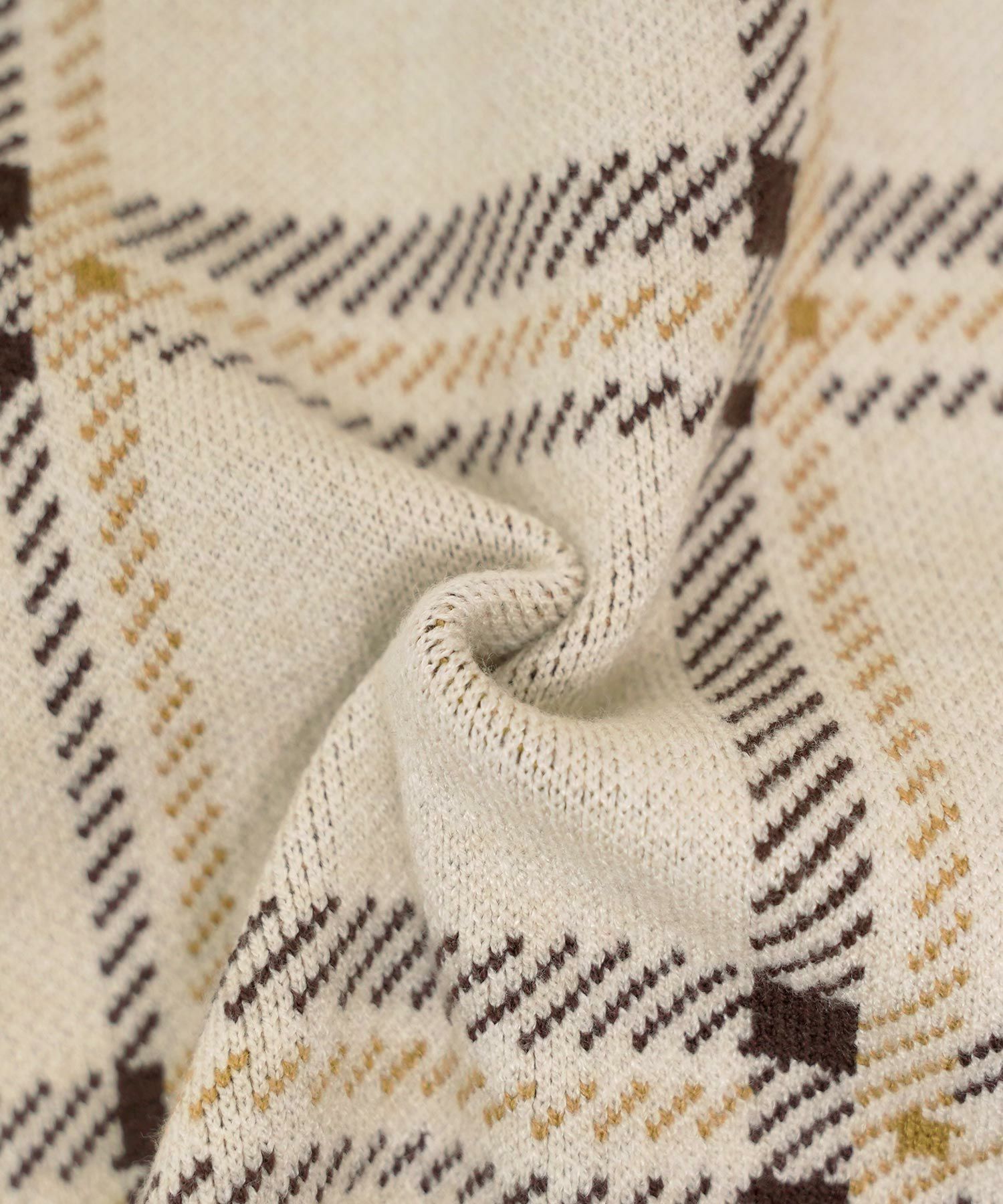 ワンピース ニット 襟 フロントファスナー カフス 配色 バイカラー ボタン タイト ナロー セミフレア 膝下丈 チェック柄 ロービングチェック 秋 冬 春 ブラウン グレー ネイビー ベージュ アイボリー 上品 フェミニン 大人 エレガント 長袖