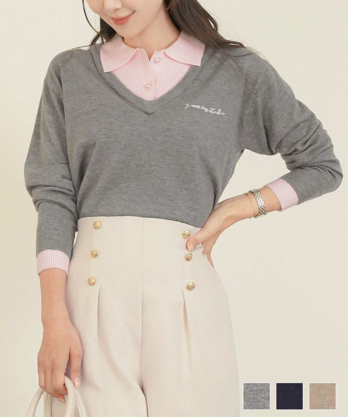 ニット トップス 襟 パール ボタン 刺繍 ロゴ ドッキング風 レイヤード風 上品 エレガント フェミニン かわいい バイカラー