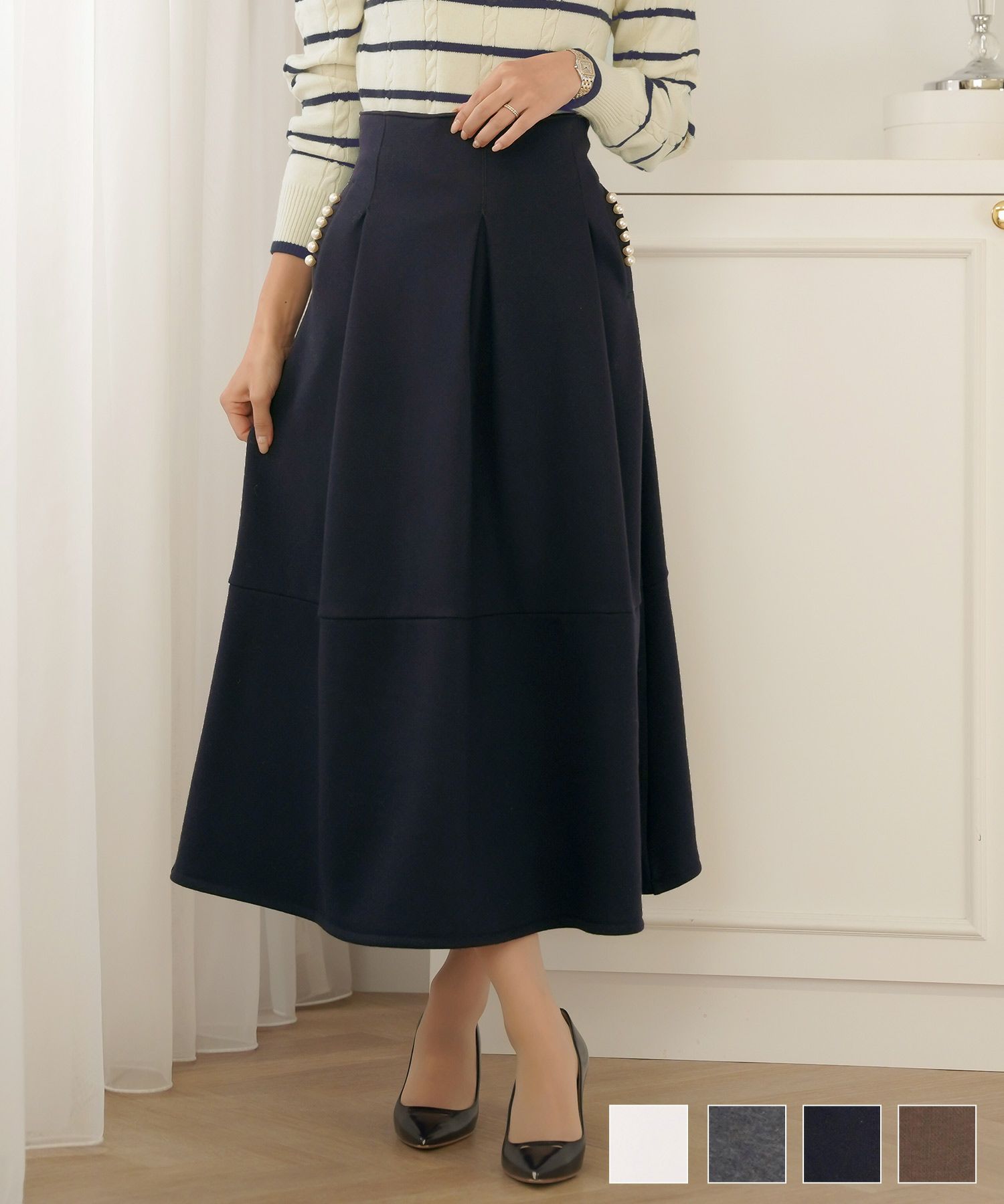 ウエスト調整 裏起毛 ハイウエスト スカート le reve vaniller 全4色｜lvn641-2160【1】