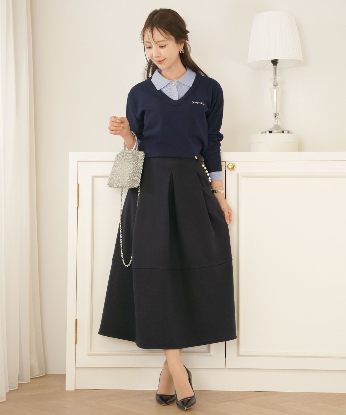 ボトムス フレアスカート タック パール ポケット スカート 上品 エレガント フェミニン きれいめ 裏起毛 起毛 あたたかい 秋 冬 ジョイントスペース