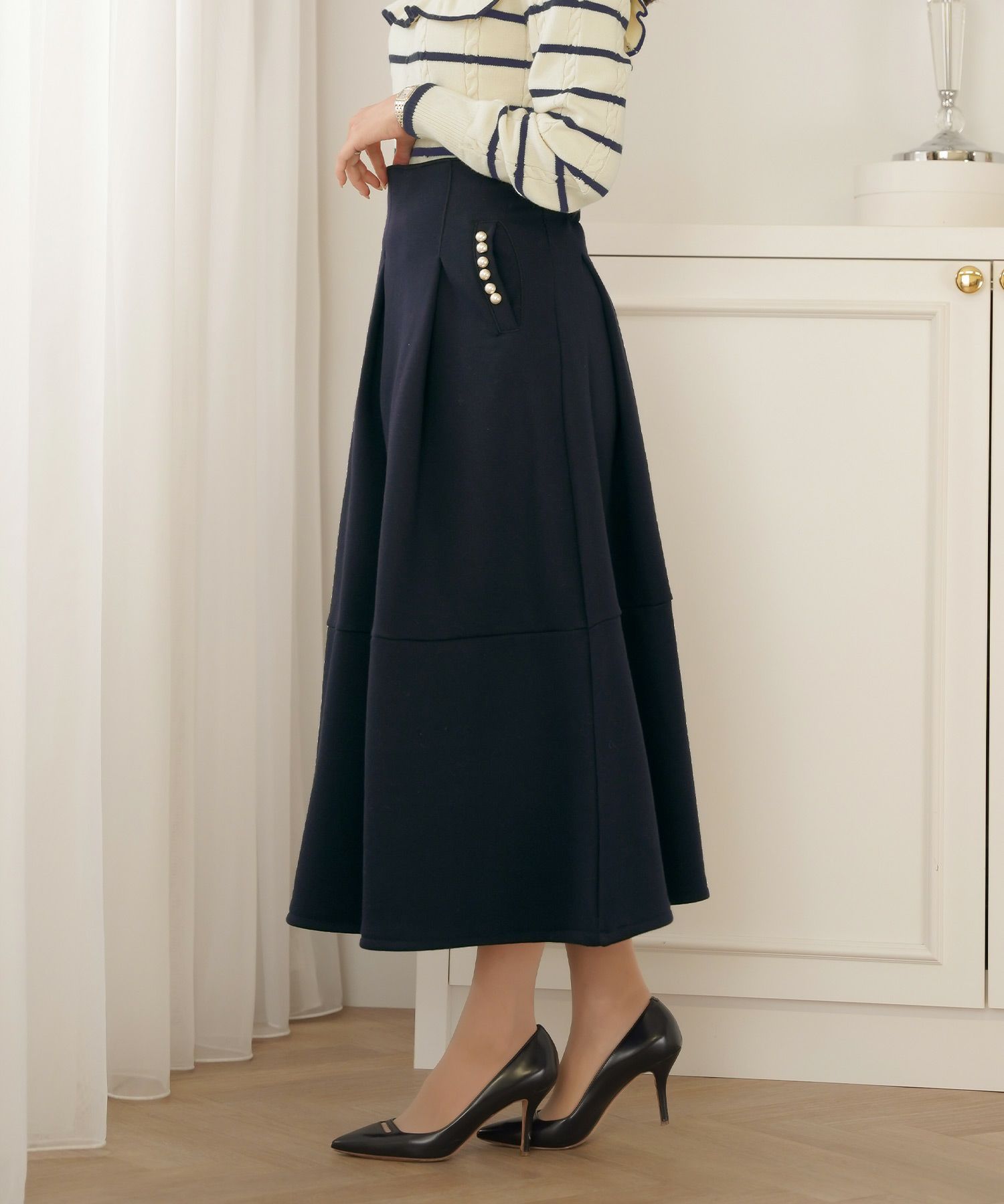 ボトムス フレアスカート タック パール ポケット スカート 上品 エレガント フェミニン きれいめ 裏起毛 起毛 あたたかい 秋 冬 ジョイントスペース