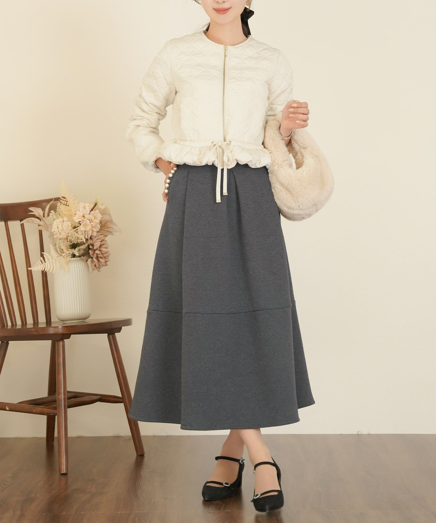 ボトムス フレアスカート タック パール ポケット スカート 上品 エレガント フェミニン きれいめ 裏起毛 起毛 あたたかい 秋 冬 ジョイントスペース