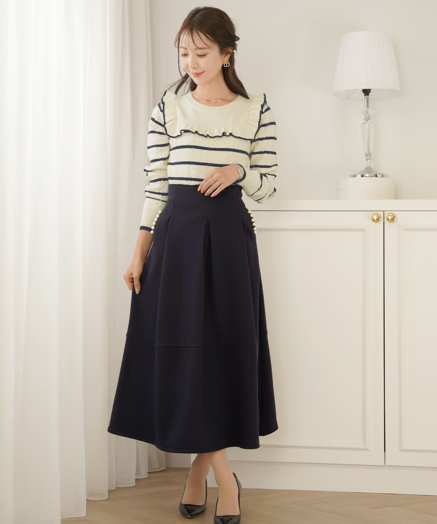 ボトムス フレアスカート タック パール ポケット スカート 上品 エレガント フェミニン きれいめ 裏起毛 起毛 あたたかい 秋 冬 ジョイントスペース