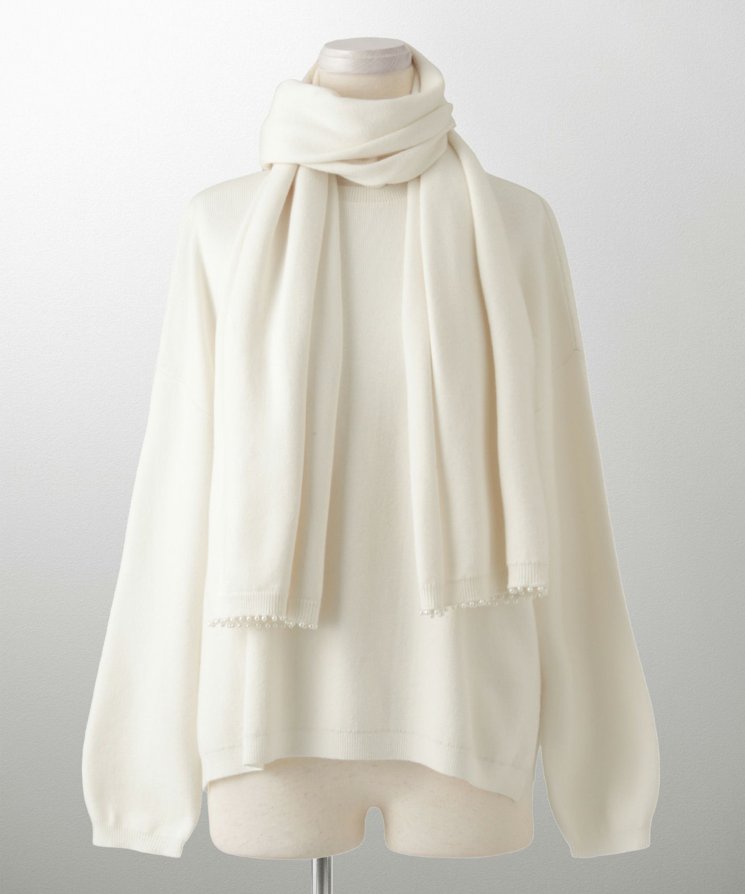 ストール付きニットプルオーバー 2点セット レディース アンゴラタッチ 秋 冬 アイボリー ピンク サックス ブラック M