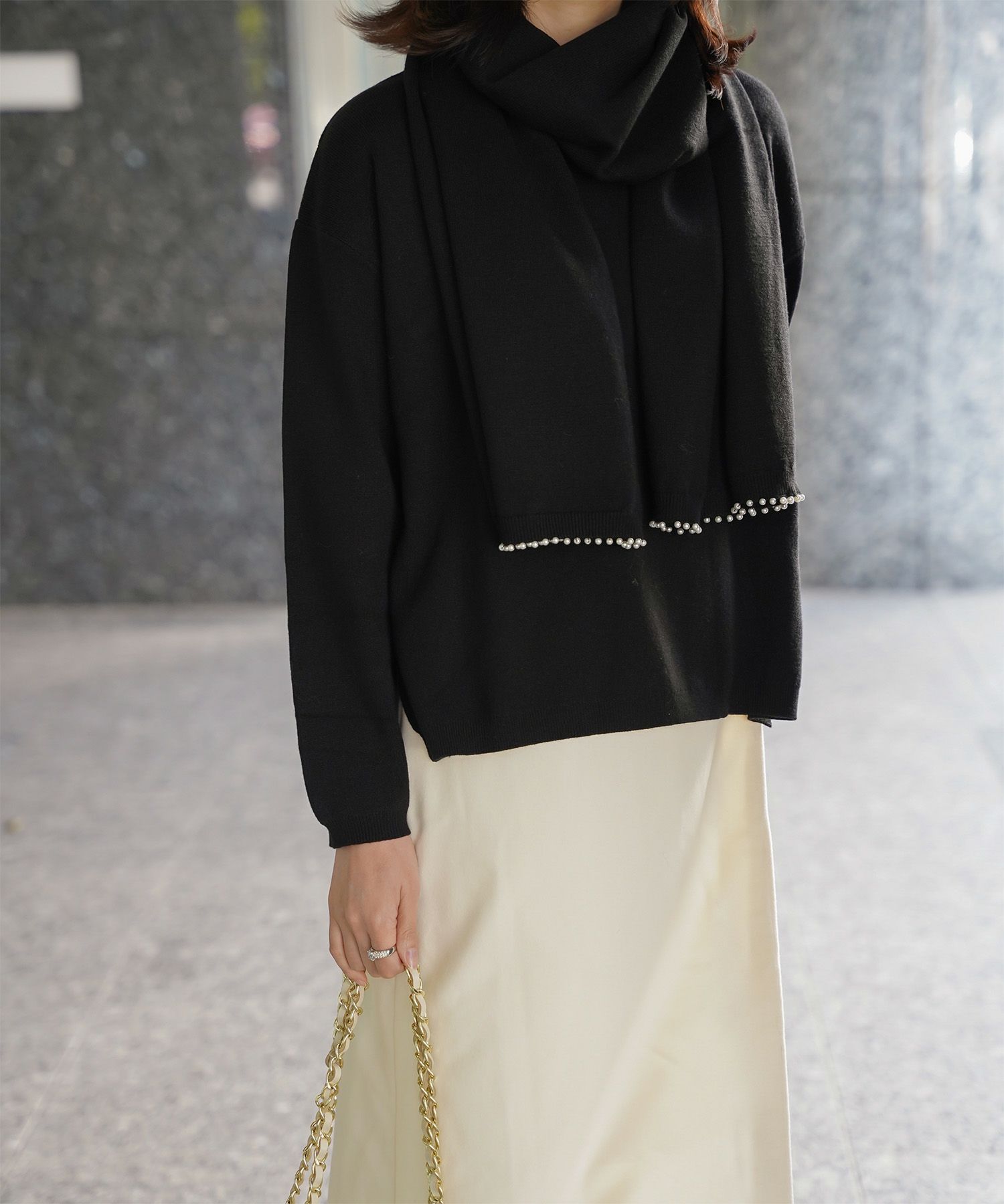 ストール付きニットプルオーバー 2点セット レディース アンゴラタッチ 秋 冬 アイボリー ピンク サックス ブラック M