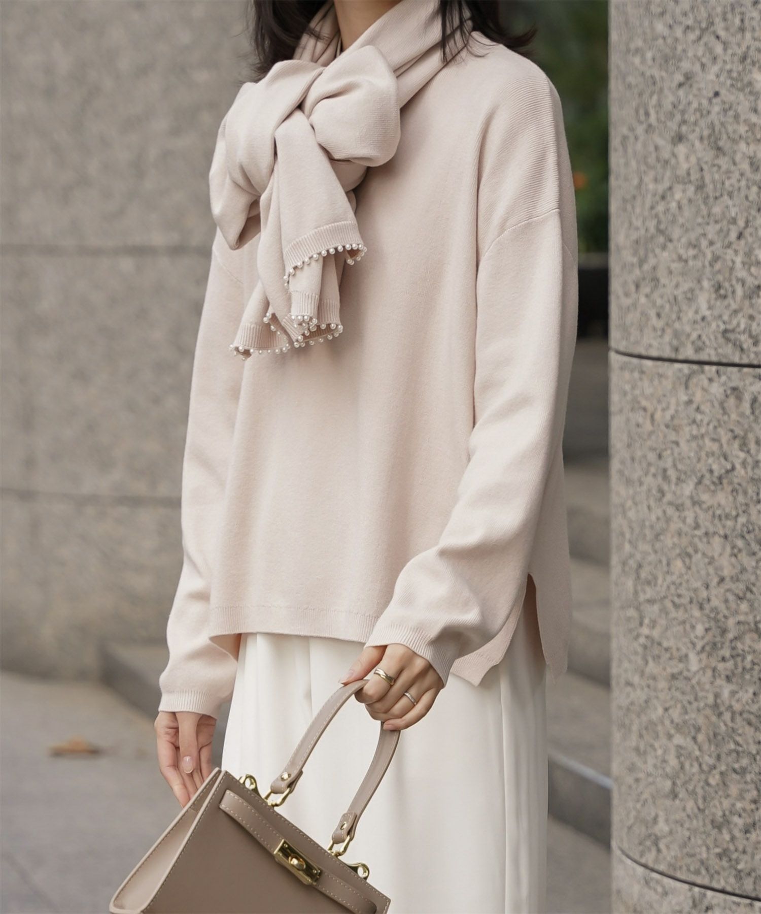 ストール付きニットプルオーバー 2点セット レディース アンゴラタッチ 秋 冬 アイボリー ピンク サックス ブラック M