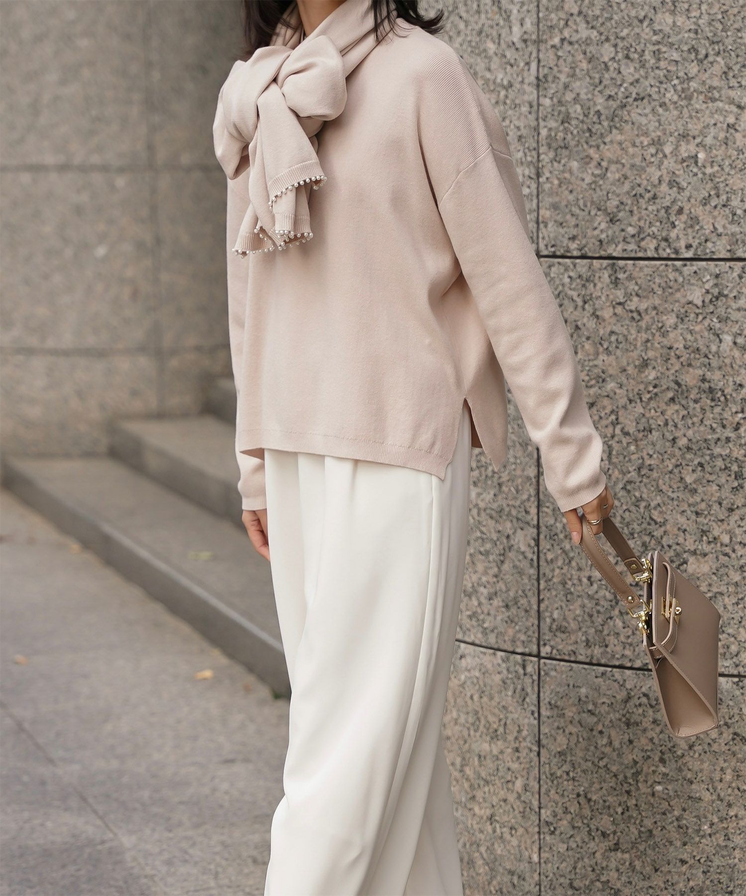 ストール付きニットプルオーバー 2点セット レディース アンゴラタッチ 秋 冬 アイボリー ピンク サックス ブラック M