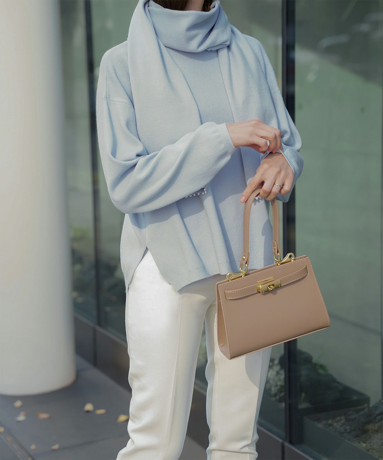 ストール付きニットプルオーバー 2点セット レディース アンゴラタッチ 秋 冬 アイボリー ピンク サックス ブラック M